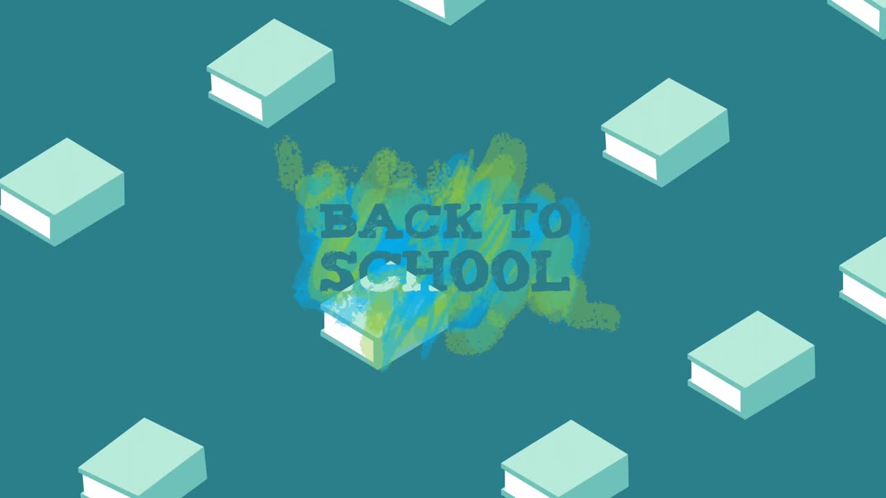 초록색 배경에 있는 학교 아이템 아이콘 위에 있는 학교로 돌아가는 텍스트의 애니메이션