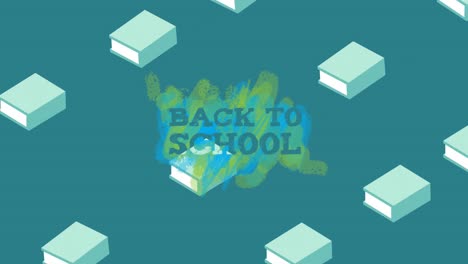 animation of back to school text over school items icons on green background