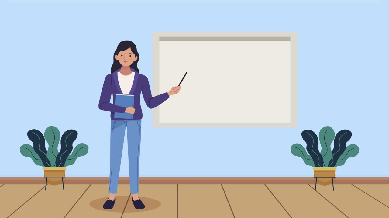 young woman teaching in chalkboard animation