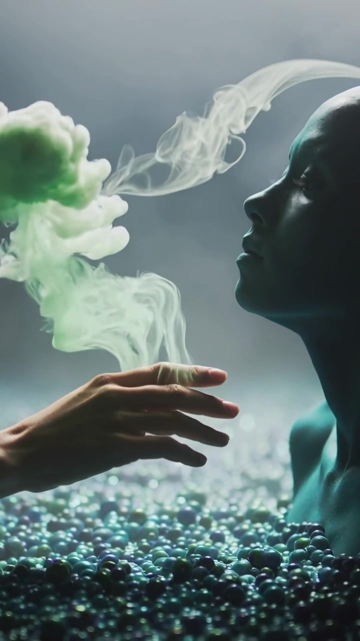 Video verticale: Mano che spinge un nastro invia nebbia verso una testa verde acqua su perline sul set, velando, con spazio per il testo.