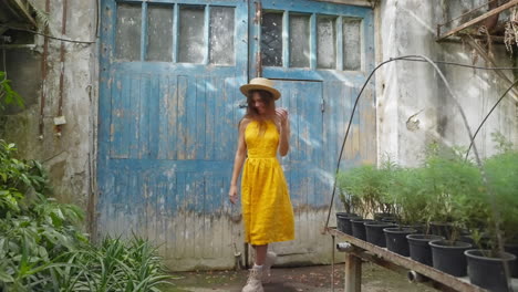 woman in a yellow dress in a vintage greenhouse