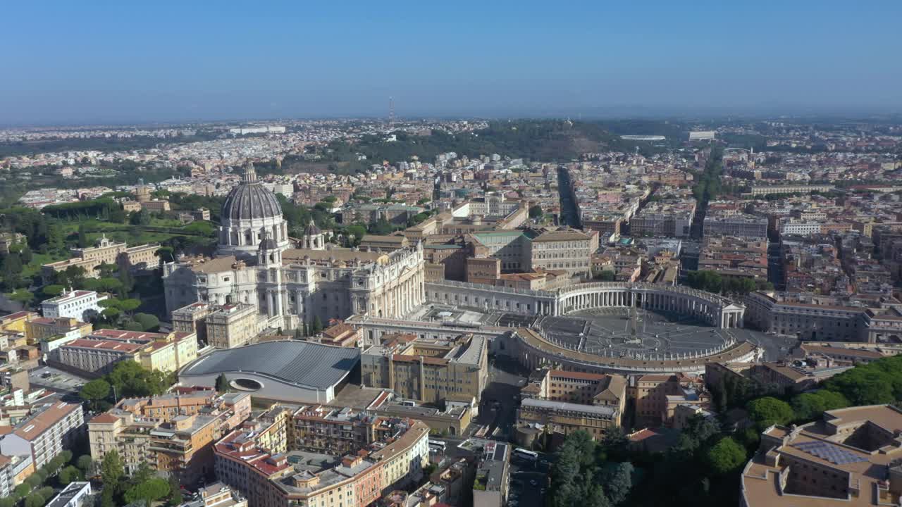 Amazing aerial drone footage glides above the Vatican, showcasing the dome of St. Peter’s Basilica and the iconic square in Rome