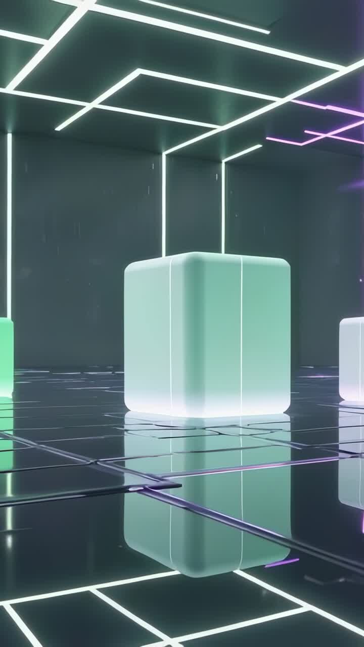 Video verticale: cubo che cambia colore da magenta a verde in una stanza con griglia al neon e pavimento a specchio che riflette i cubi