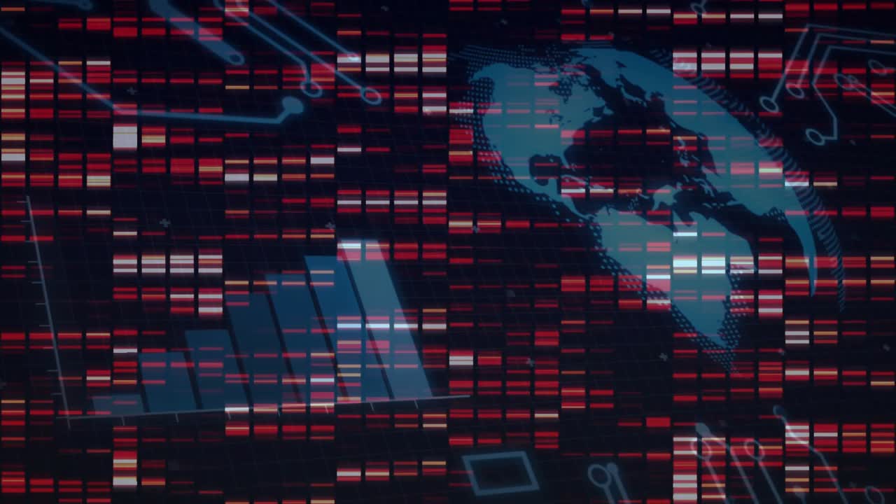 Red beige data strips parting revealing rising bars while globe emerging circuits linking analytics