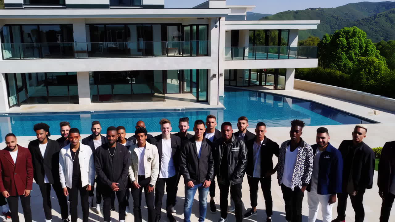 Large group photo in front of a luxury house by a pool