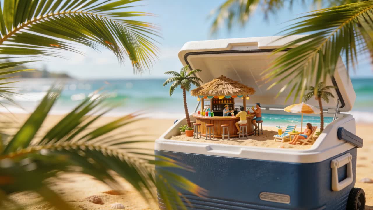 La telecamera spinge un frigorifero blu, rivelando un tiki bar sulla spiaggia, con un barista che serve gli ospiti in costume da bagno.