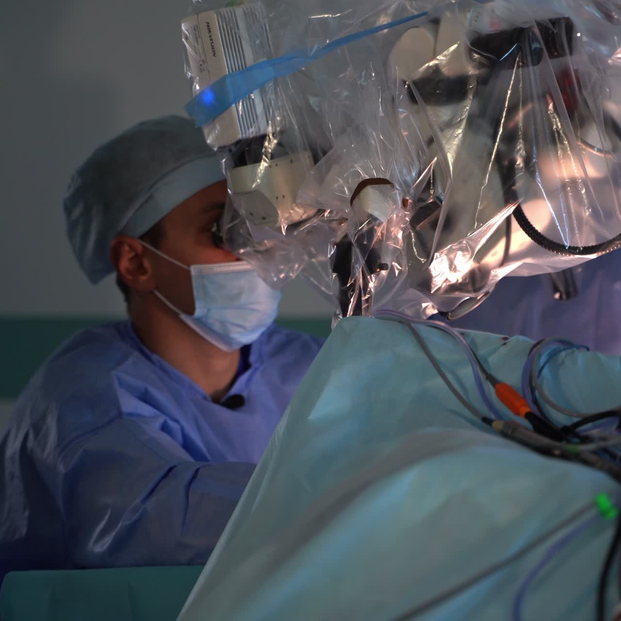 Emergency surgery healthcare treatment. Perfoming neurosurgery operation in modern hospital