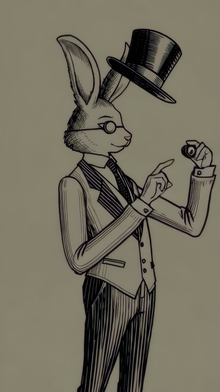 Elegant Anthropomorphic Rabbit in a Suit with Top Hat and Opera Glasses Illustrations