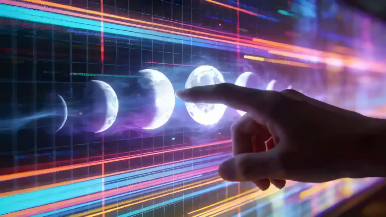 Approaching right-hand finger selecting full moon on display at console, neon grid, copy space
