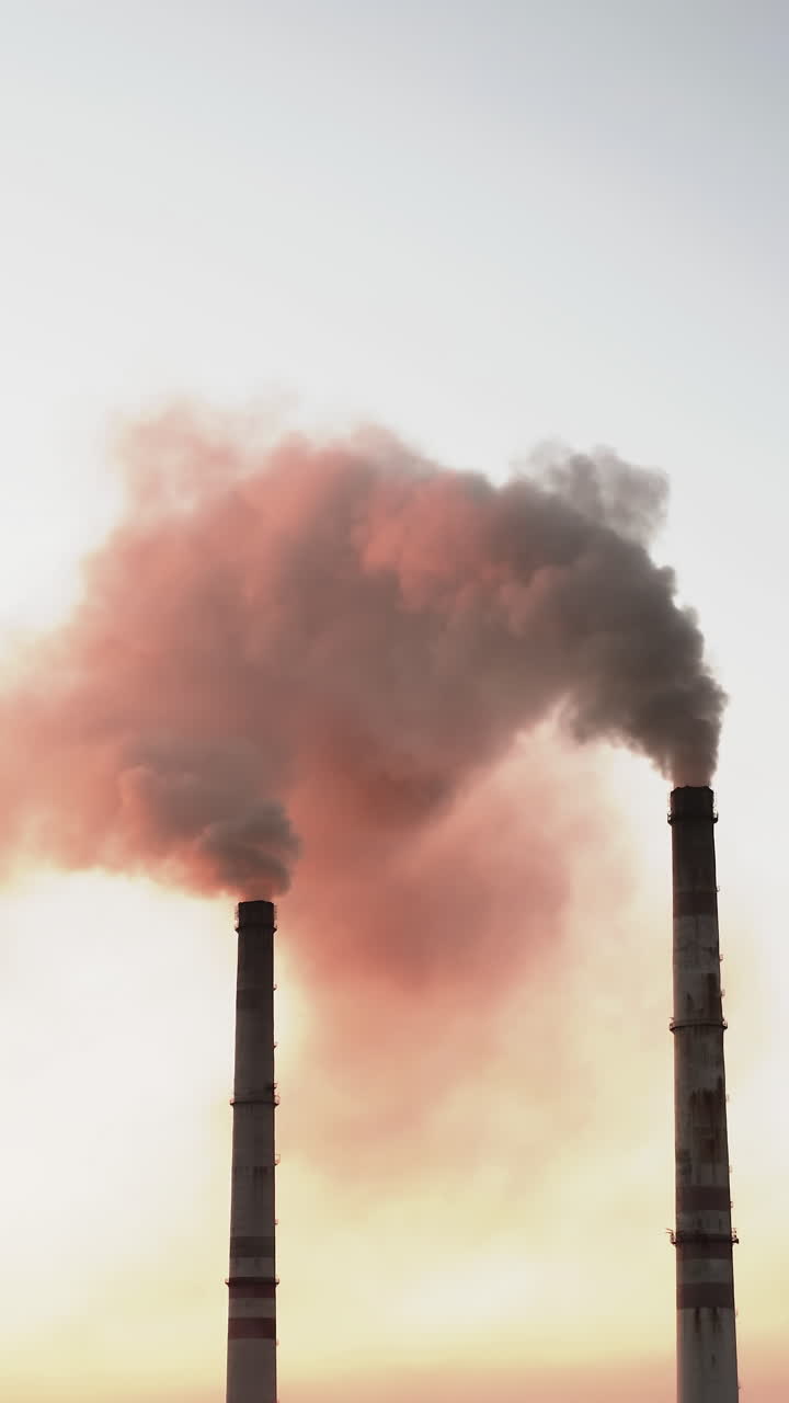 Thick smoke from chimneys against the evening sky. Industrial pipes with puffs of pink smoke at sunset. Chemical steam from factory pollute the environment. Climate change. Vertical video