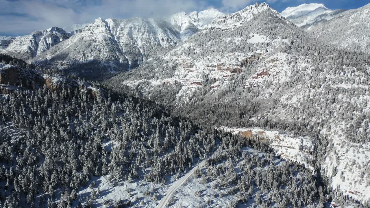 Aerial View, San Juan Mountains Landscape, Snow Capped Hills on Sunny Winter Day