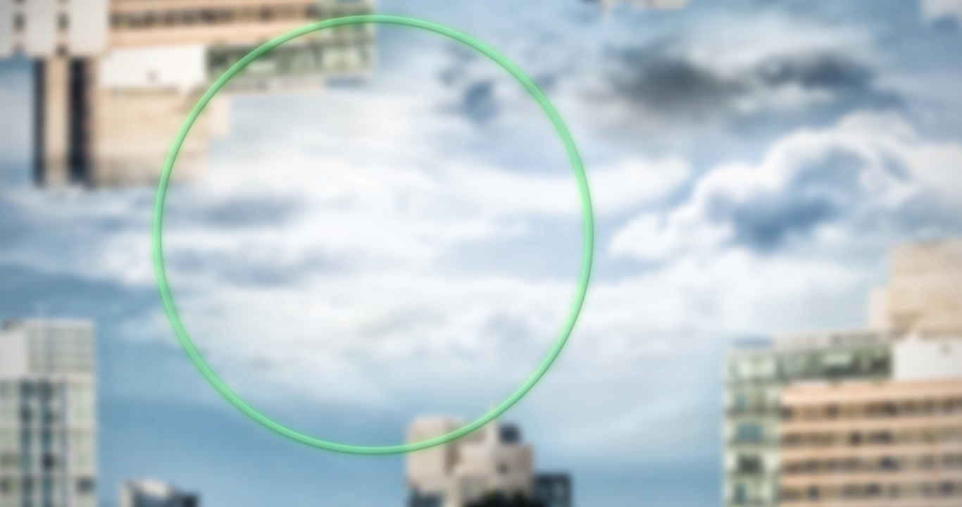 Animation of green round banner with copy space against inverted tall buildings against blue sky