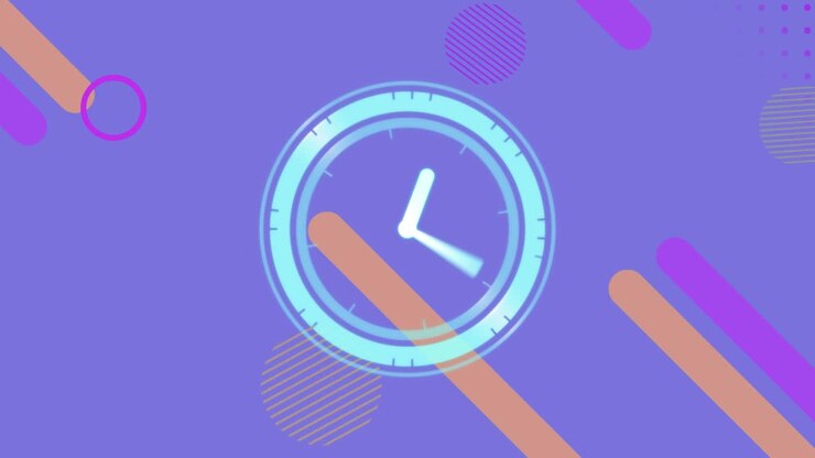 Animation of clock moving fast over abstract yellow and pink shapes on blue background