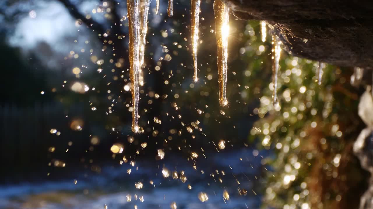 Ghiaccioli scintillanti che gocciolano sotto la luce del sole, catturando goccioline che riflettono la luce in un sereno paesaggio invernale con effetto bokeh dalla vegetazione sullo sfondo
