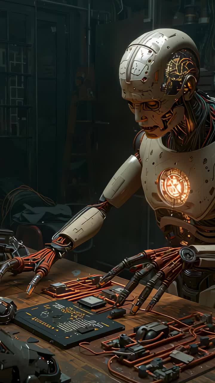 Vertical video: Detecting board signal, humanoid robot scanning and repairing board in lab, wiring