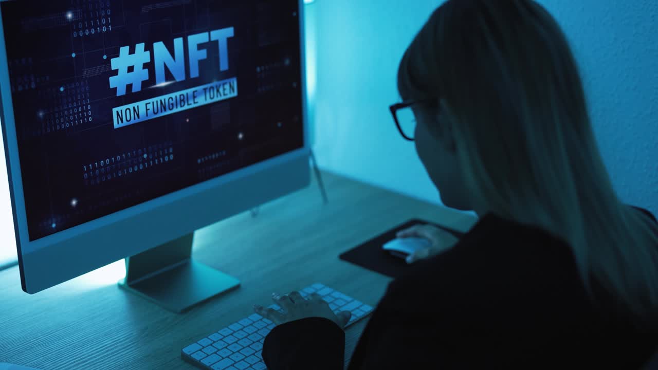 Young woman buying NFT on Blockchain market - New Technology Token Concept