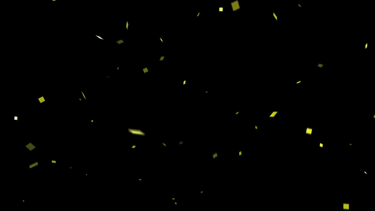 A burst of shiny gold confetti explodes and flutters down against a black background. Perfect for celebrations, parties, and awards