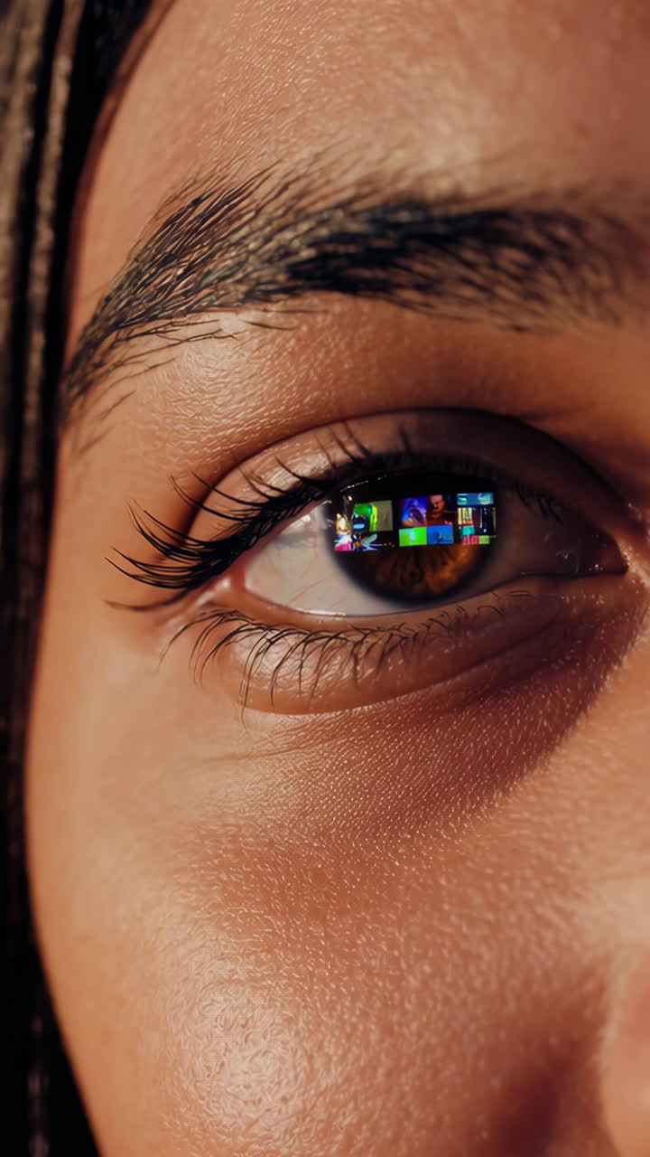 Woman's eye with reflected digital images