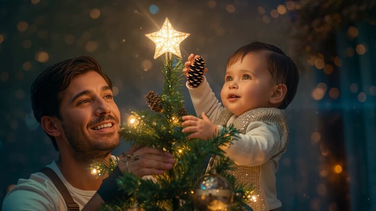 Father and toddler decorating Christmas tree at home, placing star topper and grasping pinecone