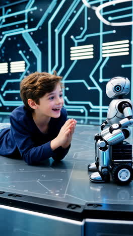 young boy interacting with a robot in a futuristic setting