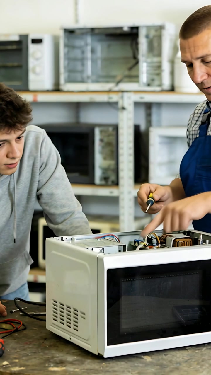 Vertical video: Entering tech in apron using screwdriver teaching trainee fixing microwave at bench