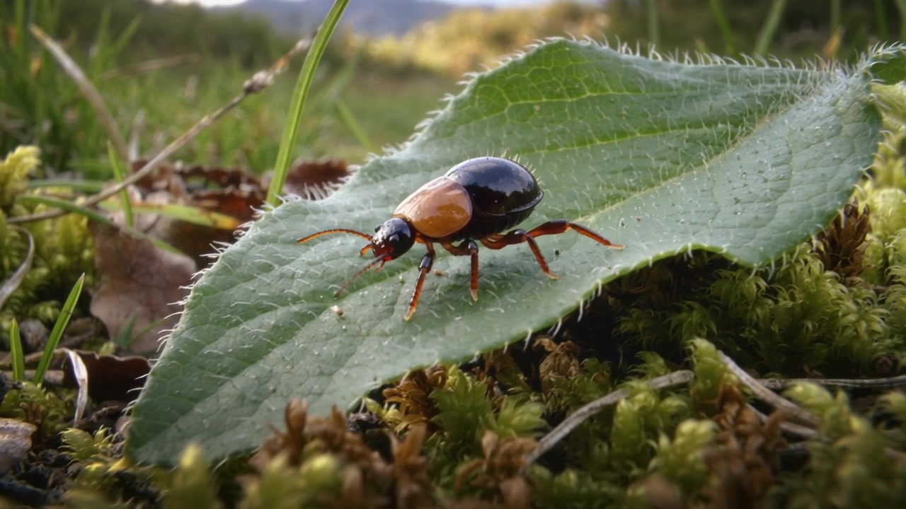 Crawling black-orange beetle antennae sensing moss and walking toward hairy leaf edge in meadow