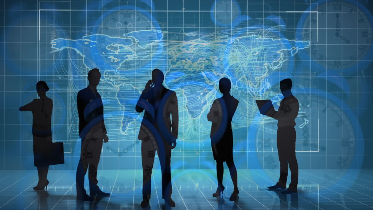 세계 지도와 시계 위에 사업가들의 실루 ⁇ 의 애니메이션이 빠르게 움직입니다.