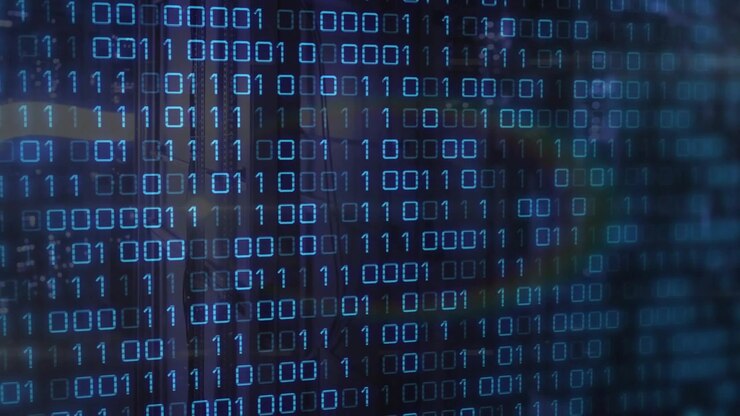 On start binary grid flickering and scrolling over dark server silhouette, simulating data flow