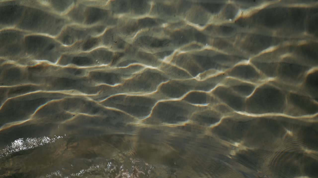 Top view of female legs walking in clear water with sand at the bottom