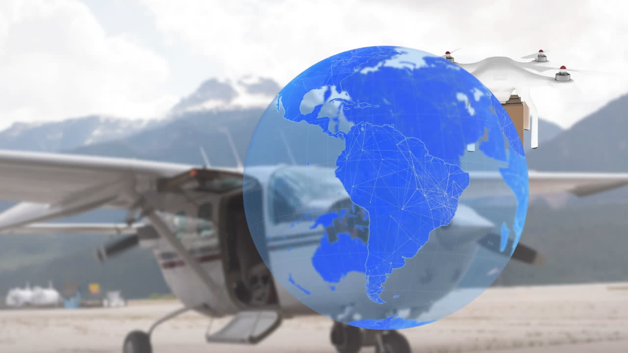 드론을 통해 패키지를 비행기를 통해 연결하는 네트워크의 애니메이션