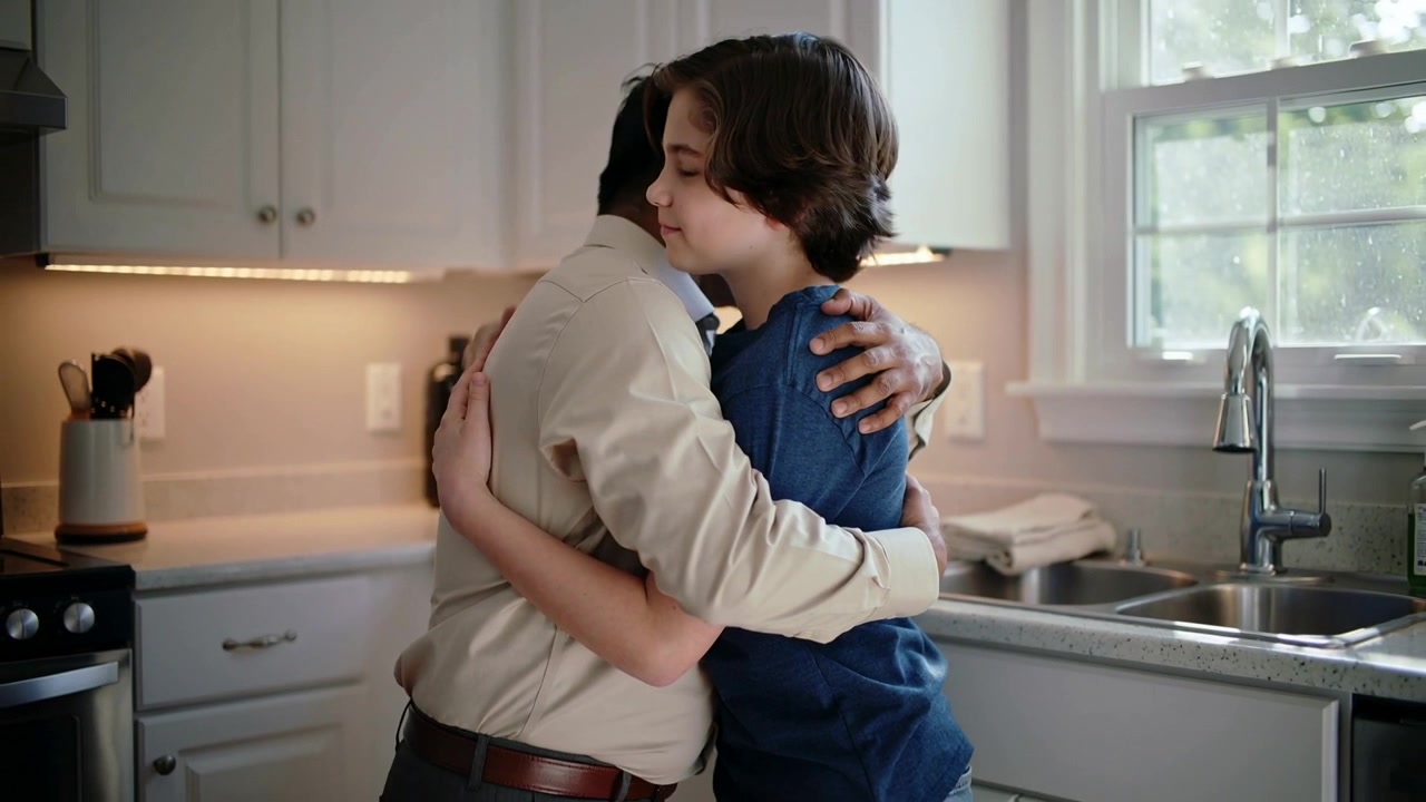 Padre in camicia beige e pantaloni che abbraccia il figlio adolescente in camicia blu al lavello della cucina, consolandolo.