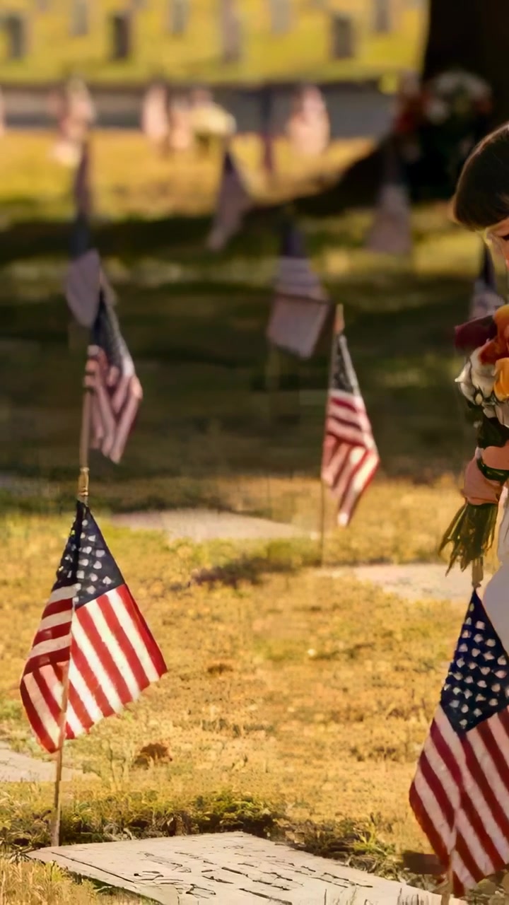 Vertical video: Kid coming right in white walking at graves with roses honoring vets, copy space