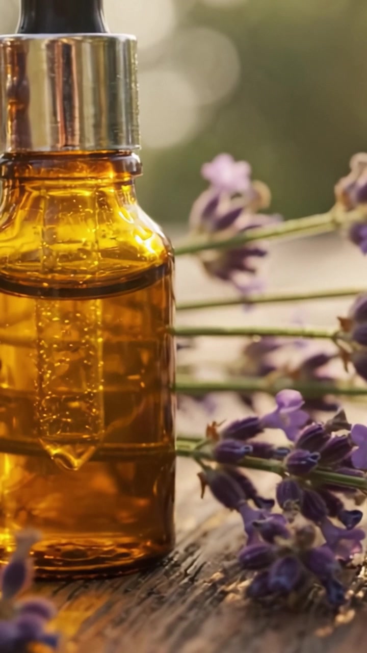 Captivating Amber Essence Bottle Surrounded by Lavender Blossoms, Highlighting Nature's Aromatic Therapeutics, Perfect for Holistic Wellness and Relaxation