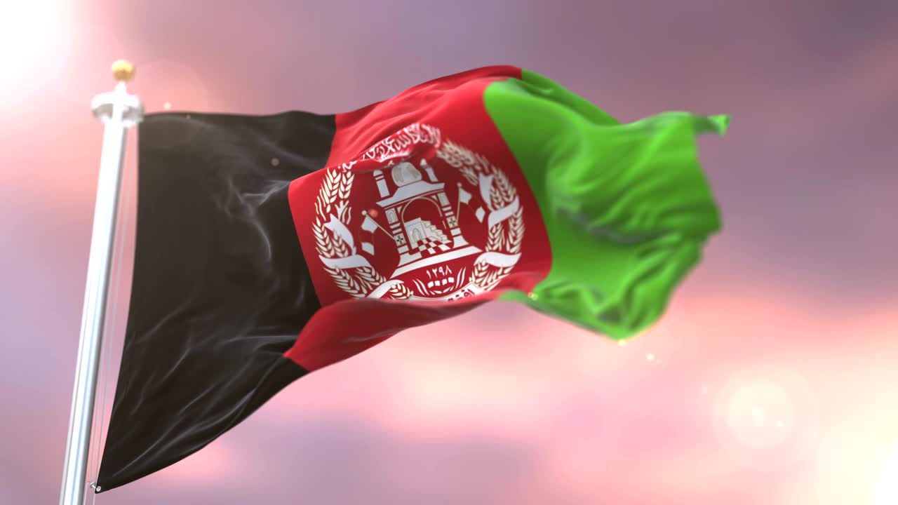 Afghanistan flag waving at wind in slow at sunset, loop
