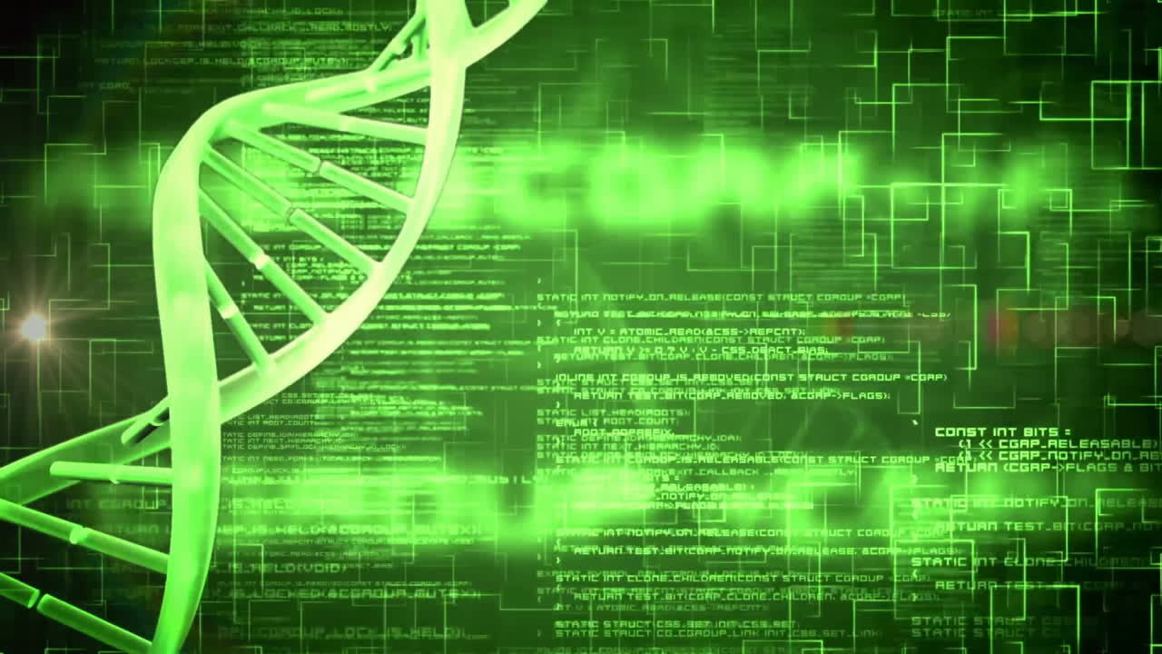 3D green DNA helix emerging from corner, overlaying glowing digital matrix with code snippets