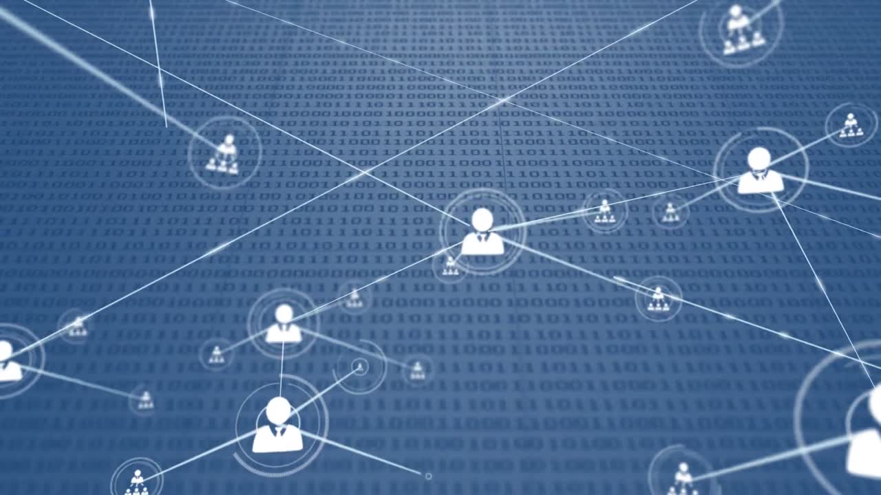 Animation of network of connection with icons over blue background with binary code