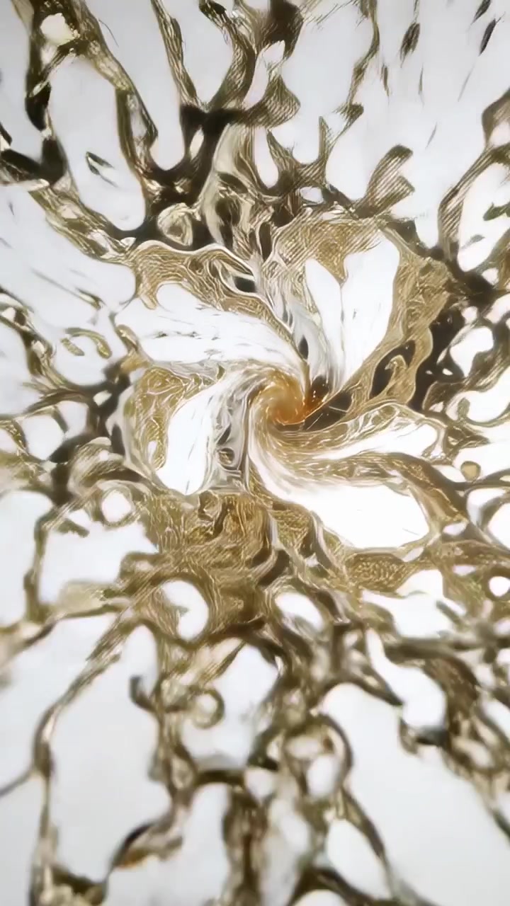 Video verticale: Fluido dorato in rotazione, con un vortice che si forma, filamenti che si ritirano, mostrando un campo bianco.