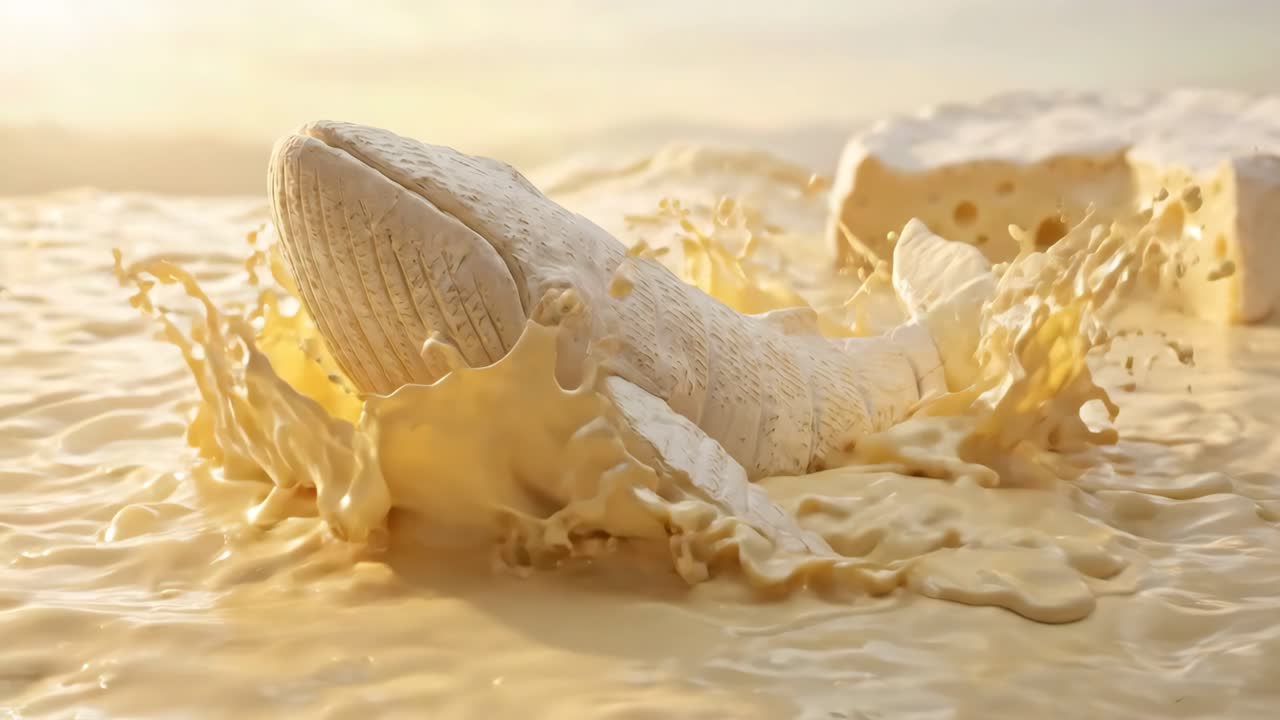 Whimsical Whale Sculpture Splashing in Creamy Cheese