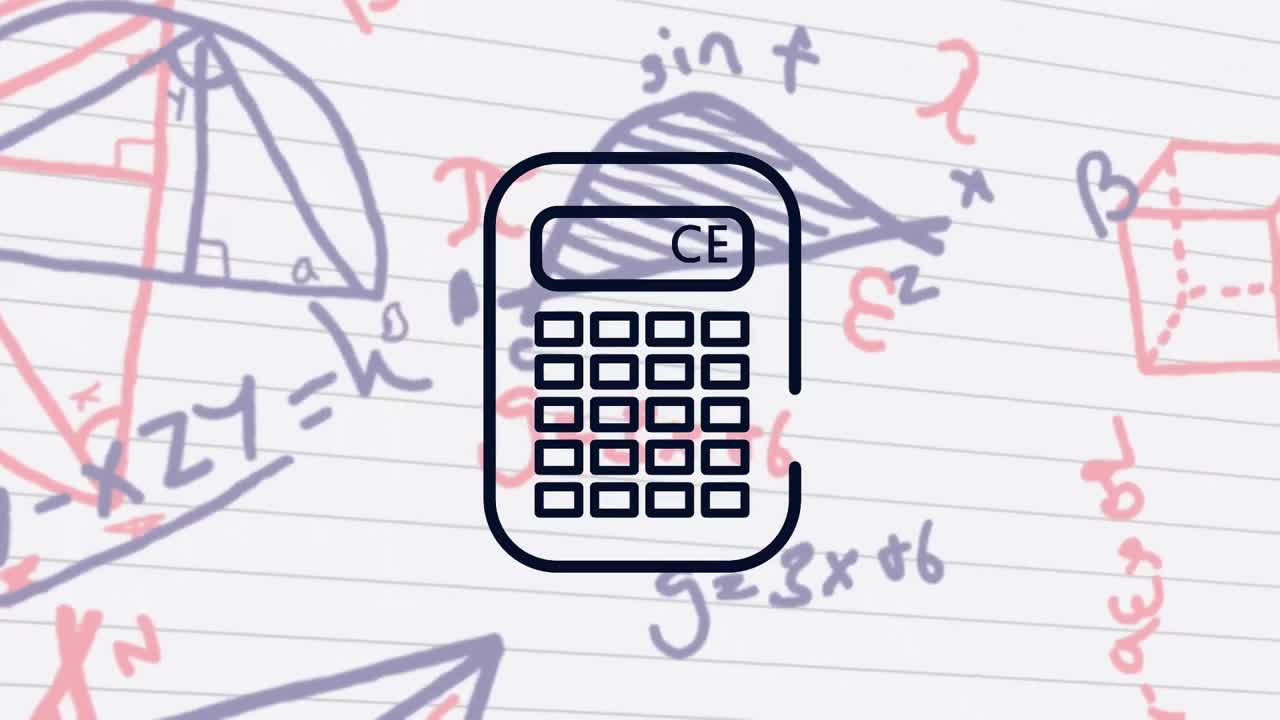 Calculator icon against mathematical equations on white lined paper