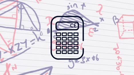 icono de la calculadora contra ecuaciones matemáticas en papel de línea blanca