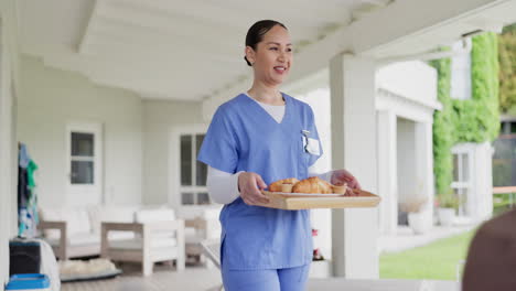 Woman,-nurse-and-breakfast-in-elderly-care