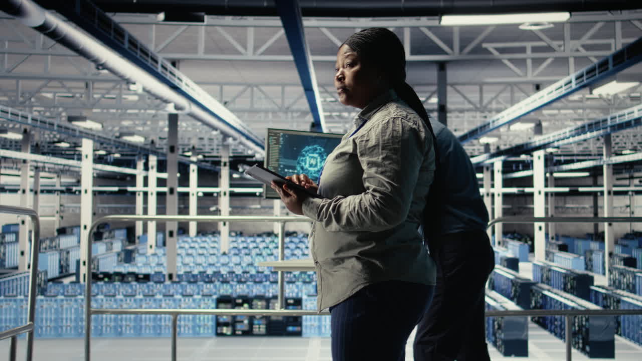It Expert Monitors Server Farm Activity While Walking On Industrial Platform