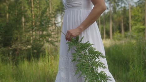 woman in a white dress carrying a fern, walking through a forest, symbolizing harmony and connection with nature