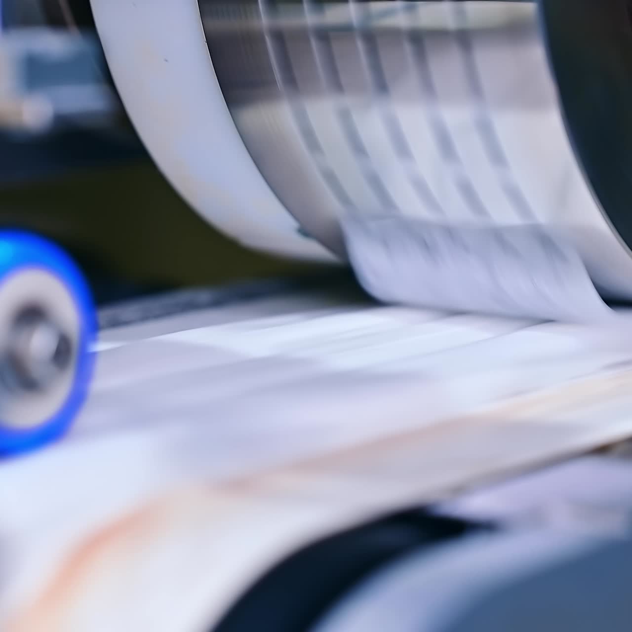 Roller rotating and sending the pieces of tissue on the conveyor belt. Automated system for modern production of dipers. Close up