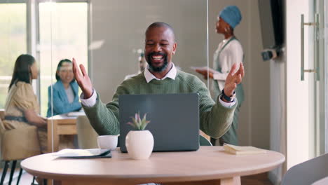 celebration, video call and african businessman