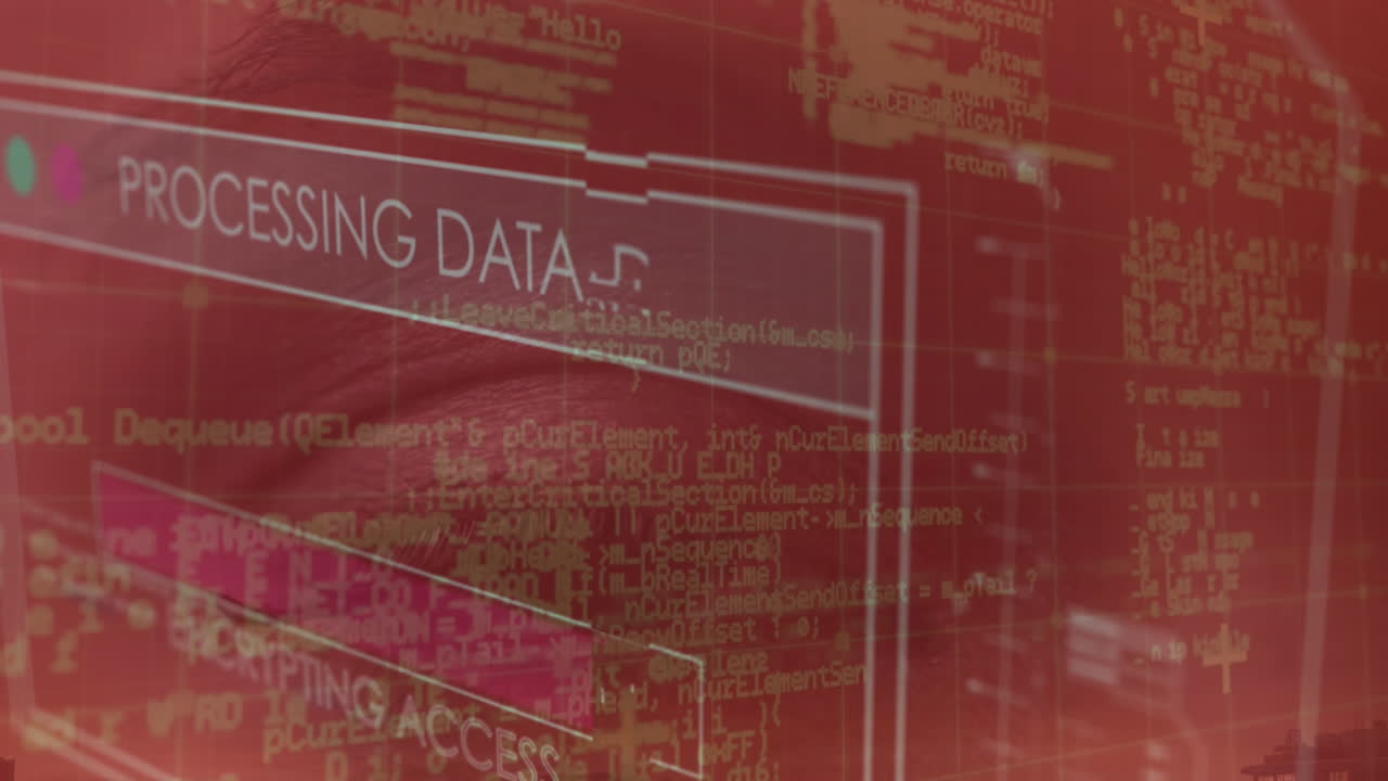 Animation of interface with data processing against close up of a female eye