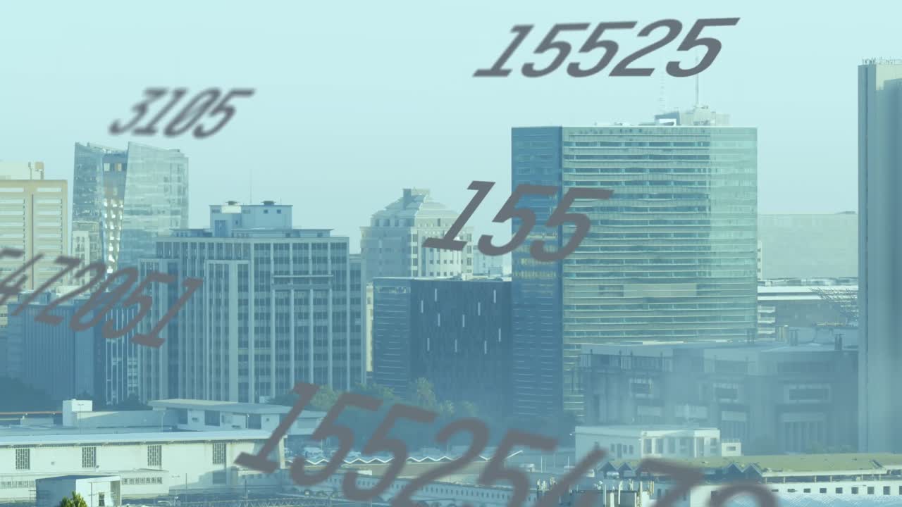 도시 풍경의 공중 전망에 맞춰 여러 번 변하는 숫자의 애니메이션