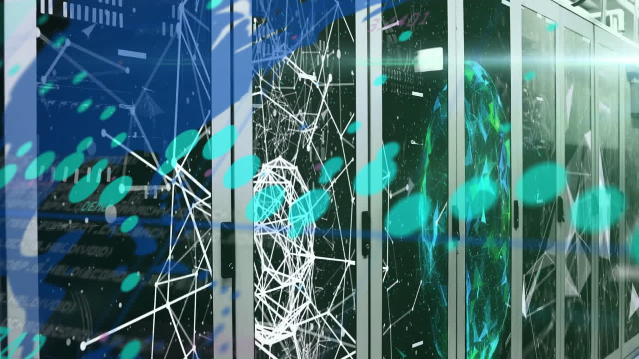 Data processing and network connections animation over server racks in data center