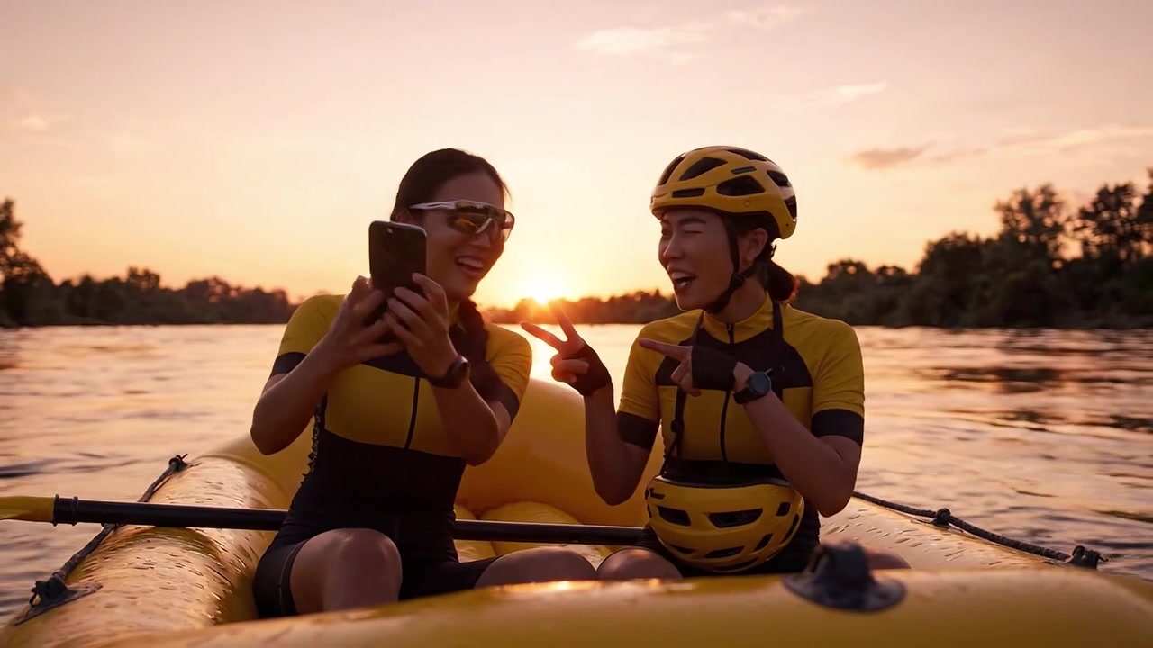 Due amici che si godono un tramonto dorato mentre si scattano selfie su un kayak giallo, mostrando gioia, avventura e cameratismo all'aria aperta.