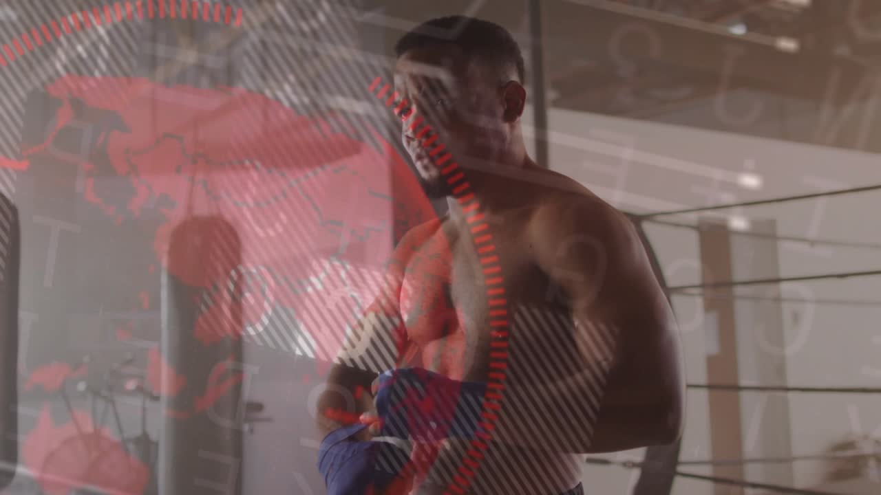 Boxer unwrapping wraps and tightening gloves for training while digital overlays monitoring power